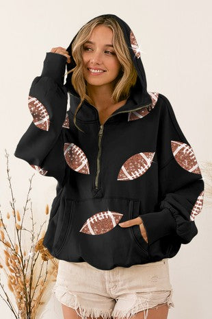 FOOTBALL SEQUIN PATCHES HALF ZIP UP FLEECE HOODIE