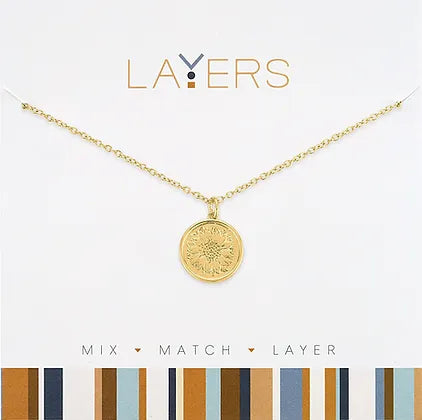 Gold Stamped Sunflower Coin Layers Necklace