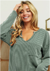 Wavy Two Tone Rib Notch Neck patch Pocket Top