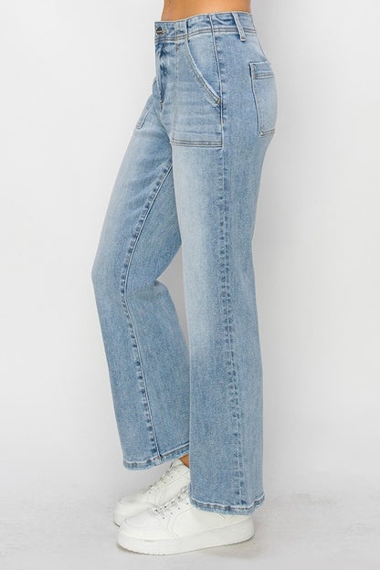 HIGH RISE PATCH POCKETS ANKLE FLARE PANTS Denim