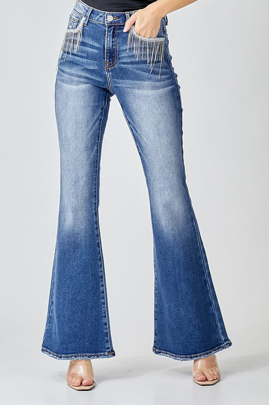 HIGH RISE EMBELLISHED WIDE FLARE JEANS