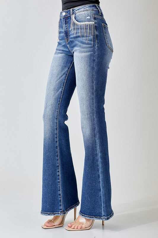 HIGH RISE EMBELLISHED WIDE FLARE JEANS