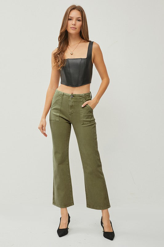 HIGH RISE PATCH POCKETS ANKLE FLARE PANTS