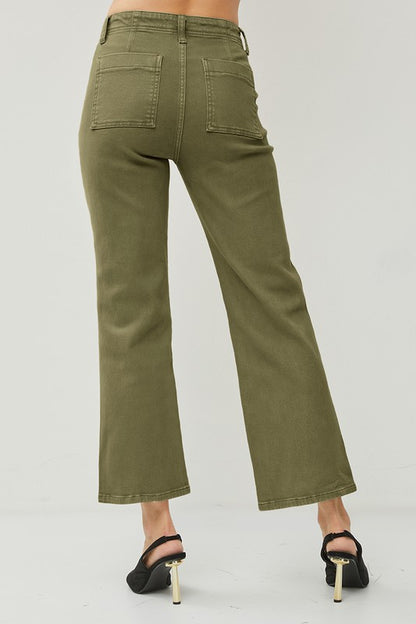 HIGH RISE PATCH POCKETS ANKLE FLARE PANTS