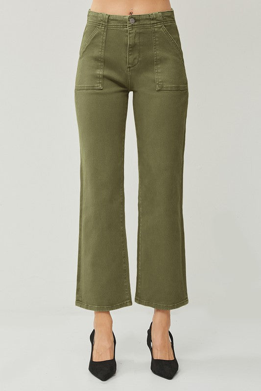 HIGH RISE PATCH POCKETS ANKLE FLARE PANTS