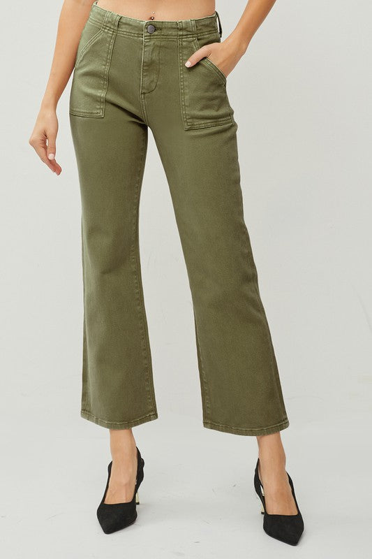 HIGH RISE PATCH POCKETS ANKLE FLARE PANTS