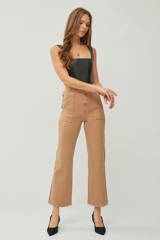 HIGH RISE PATCH POCKETS ANKLE FLARE PANTS