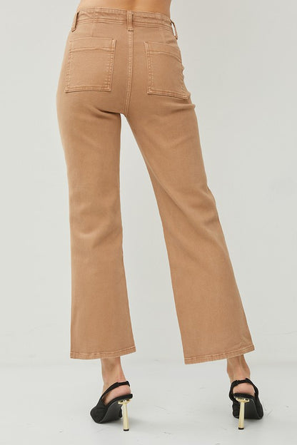 HIGH RISE PATCH POCKETS ANKLE FLARE PANTS