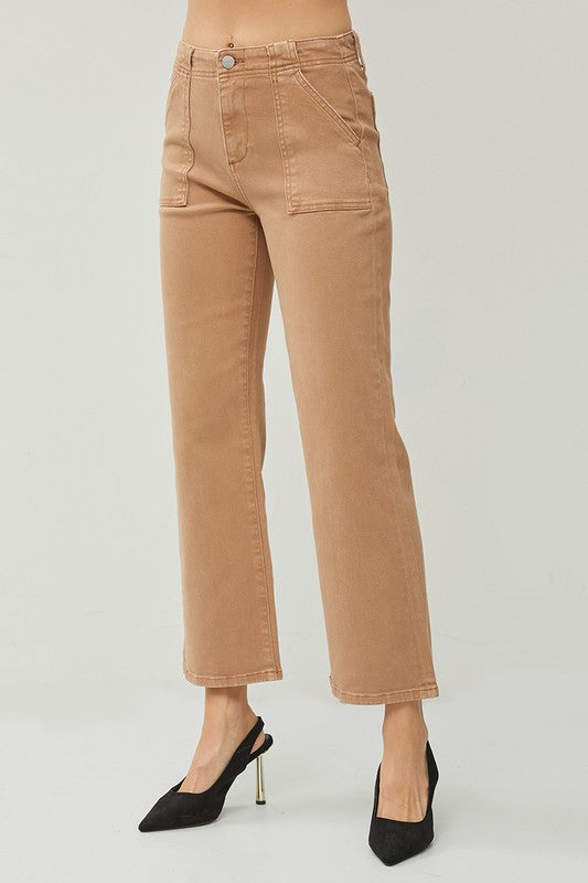 HIGH RISE PATCH POCKETS ANKLE FLARE PANTS