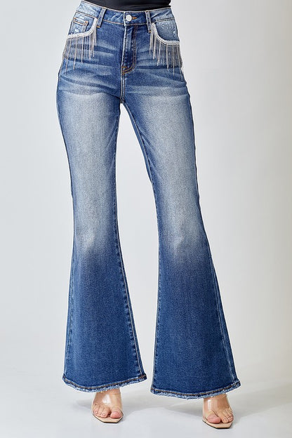 HIGH RISE EMBELLISHED WIDE FLARE JEANS