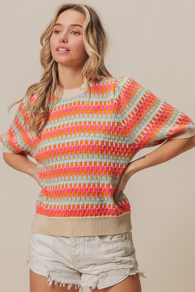 Half Sleeves Multi Color Sweater Top