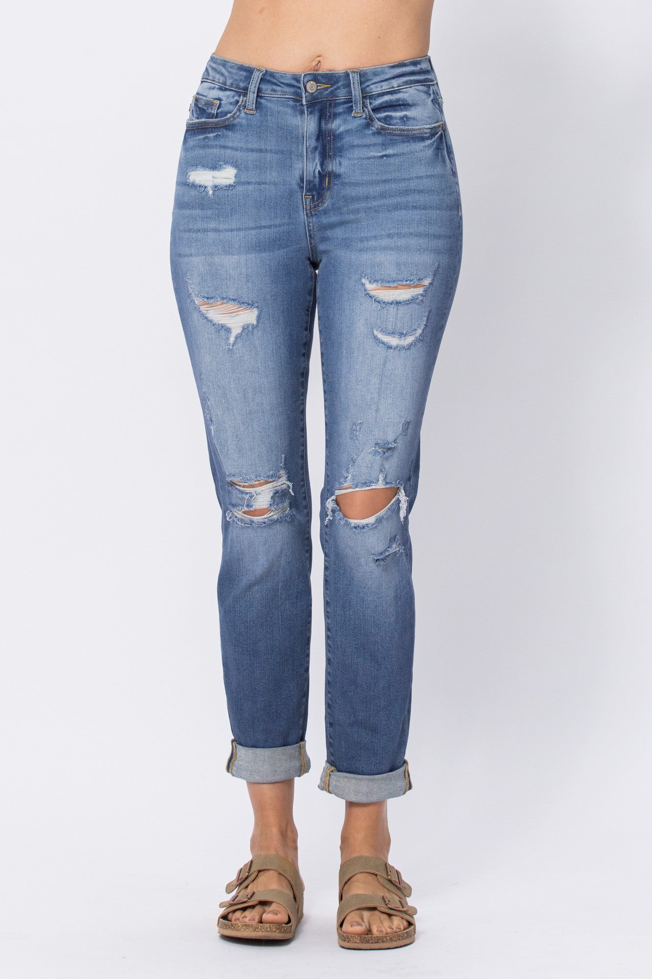 Mid Rise Cuffed Destroy BF Judy Blue Jeans