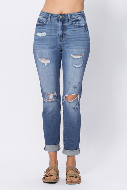 Mid Rise Cuffed Destroy BF Judy Blue Jeans