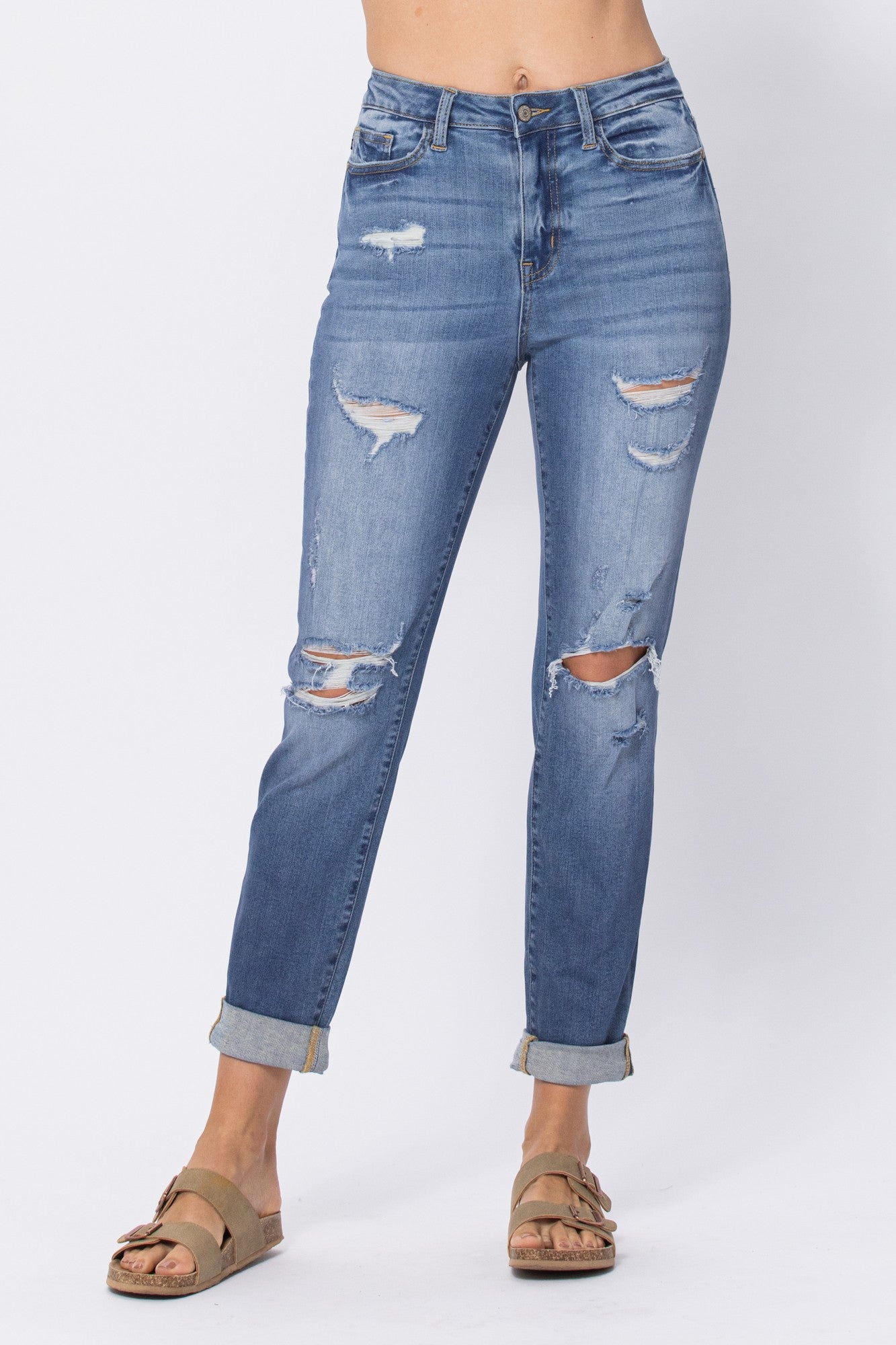 Mid Rise Cuffed Destroy BF Judy Blue Jeans