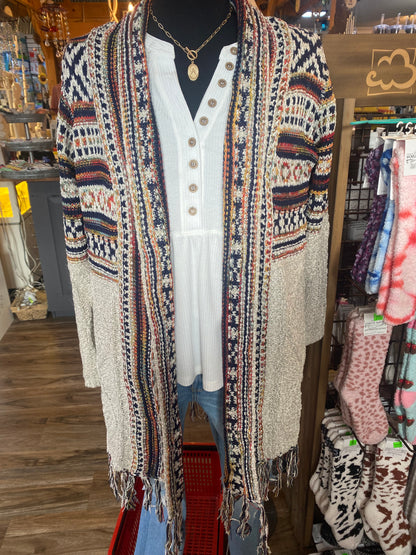 Upper Tribal Stripe Cardigan W/Fringe Beige