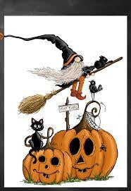 Gnome Witch on Broom Over Pumpkins Garden Flag