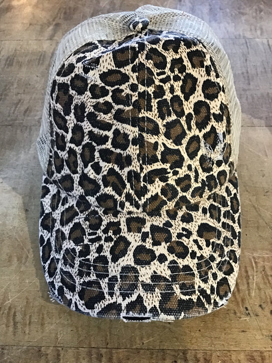 Baseball Hat with Ponytail Hole Leopard Khaki