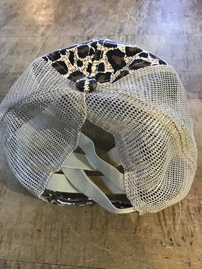 Baseball Hat with Ponytail Hole Leopard Khaki