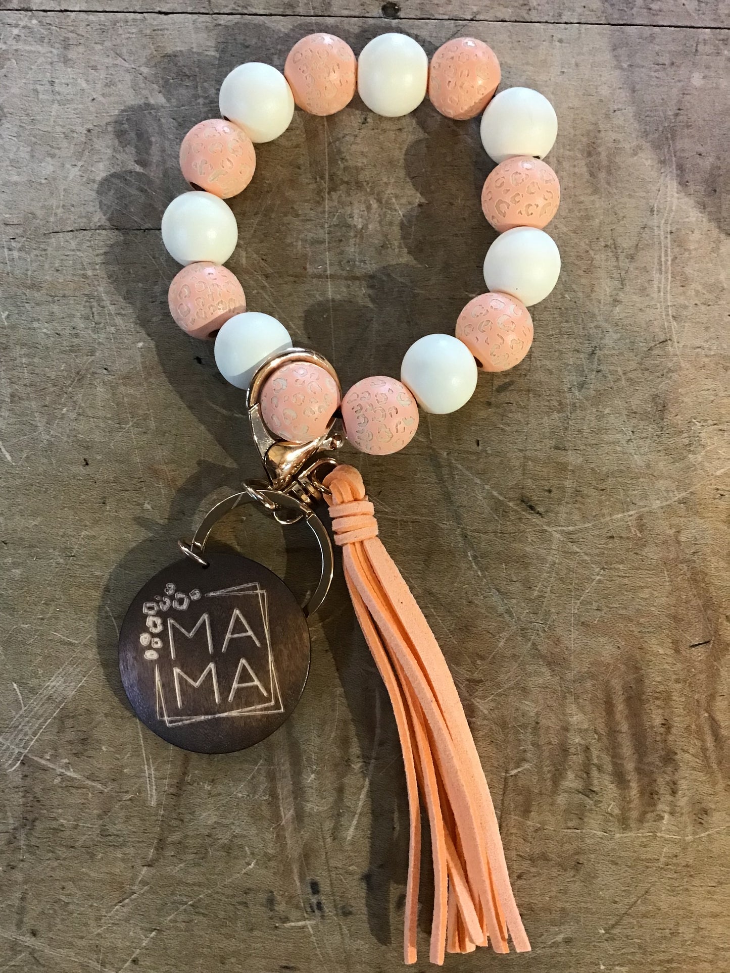 Wood Multi Beaded Bracelet Key Ring