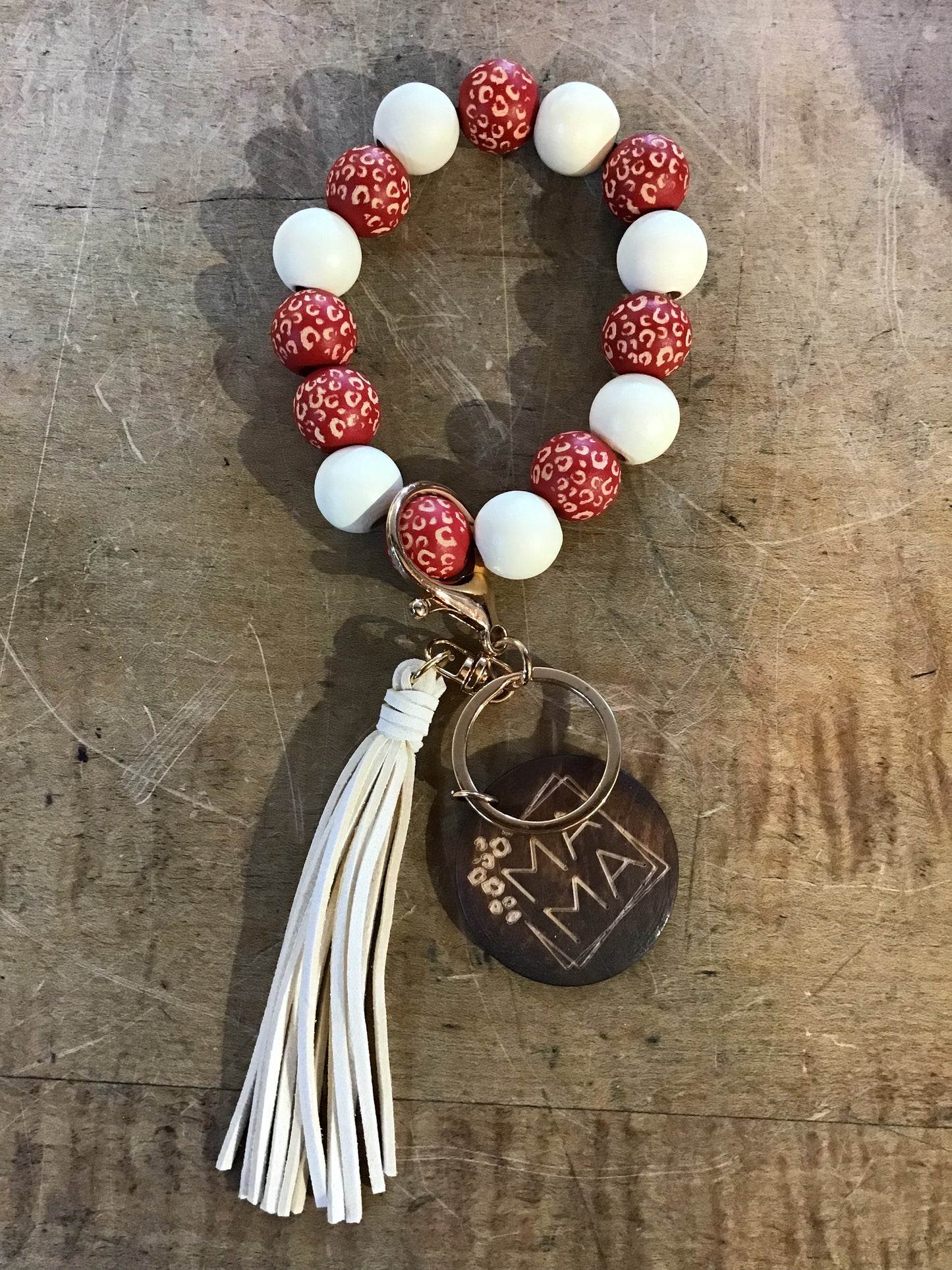 Wood Multi Beaded Bracelet Key Ring