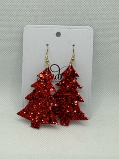 Red Glitter Christmas Tree Earrings