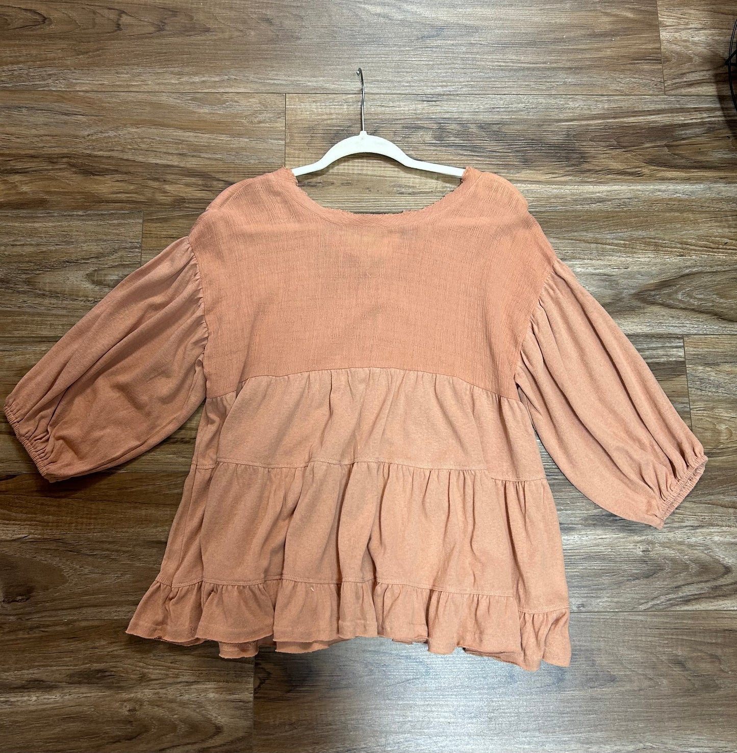 Peach Woven Mix Knit Ruffle Sleeve Top Easel