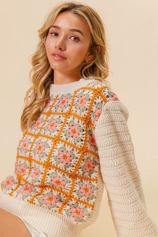 Front Flower Granny Square Sweater