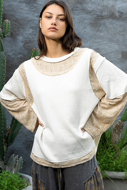 Pol-Long sleeve round neck contrast knit top