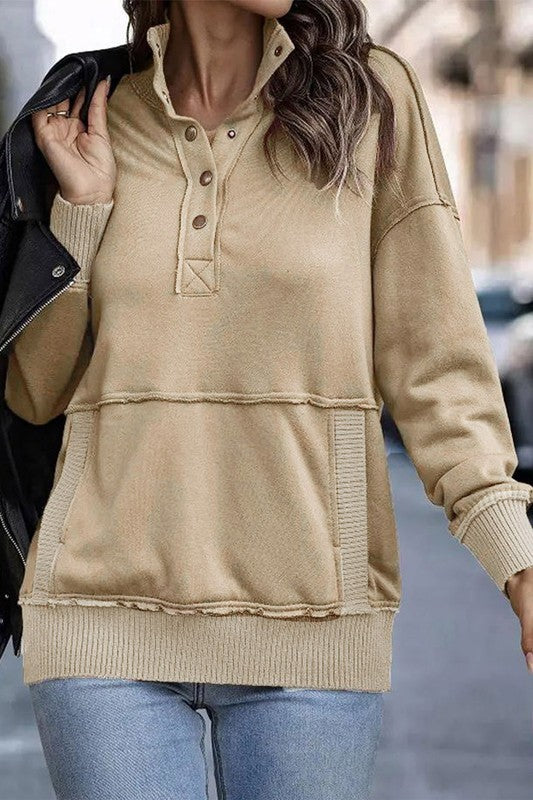 Katy Ribbed Hem Snap Button Sweatshirt with Pocket