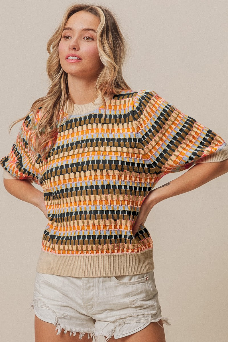 Half Sleeves Multi Color Sweater Top