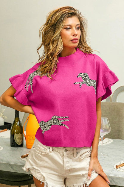 LEOPARD PATTERN SHORT SLEEVE SWEATER TOP