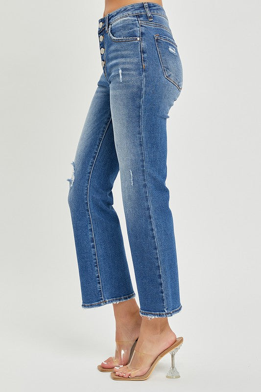 MID RISE BUTTON DOWN CROPPED FLARE JEANS