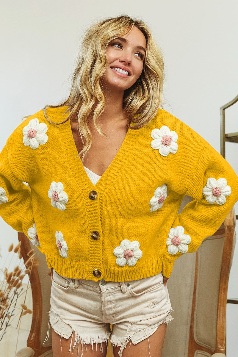 Flower Crochet Patches V-Neck Sweater Cardigan