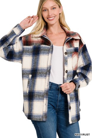 OVERSIZED YARN DYED PLAID LONGLINE SHACKET NAVY/RUST