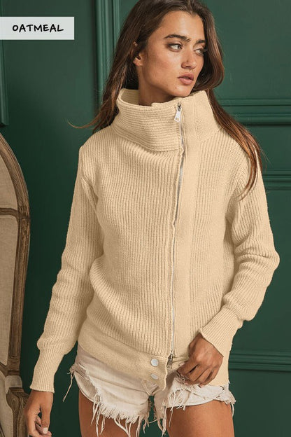 Front Zip Up High Neckline Sweater Jacket