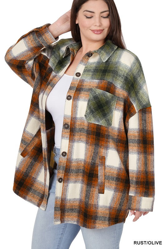 PLUS OVERSIZED YARN DYED PLAID LONGLINE SHACKET OLIVE/RUST