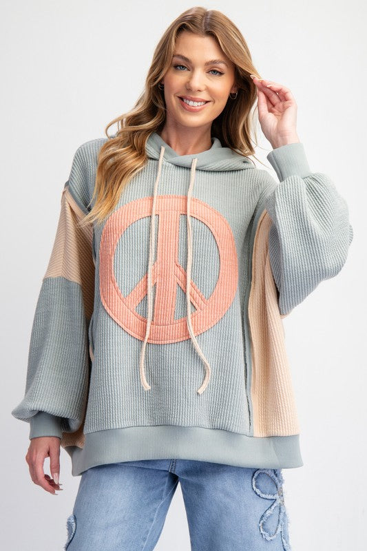 PEACE SIGN RIB KNIT HOODIE PULLOVER