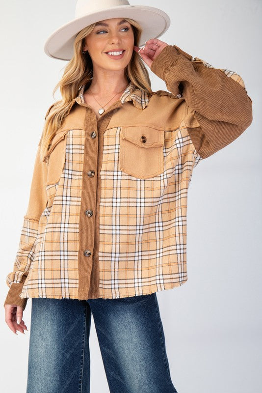 PLAID MIX CORDUROY BUTTON DOWN SHACKET