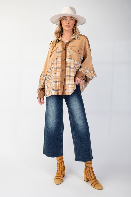 PLAID MIX CORDUROY BUTTON DOWN SHACKET