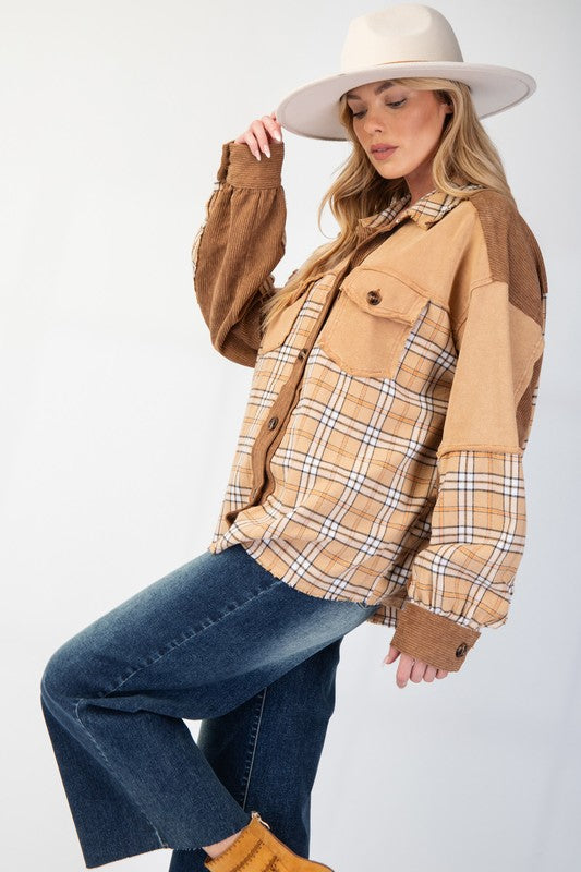 PLAID MIX CORDUROY BUTTON DOWN SHACKET