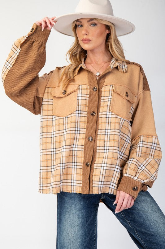 PLAID MIX CORDUROY BUTTON DOWN SHACKET