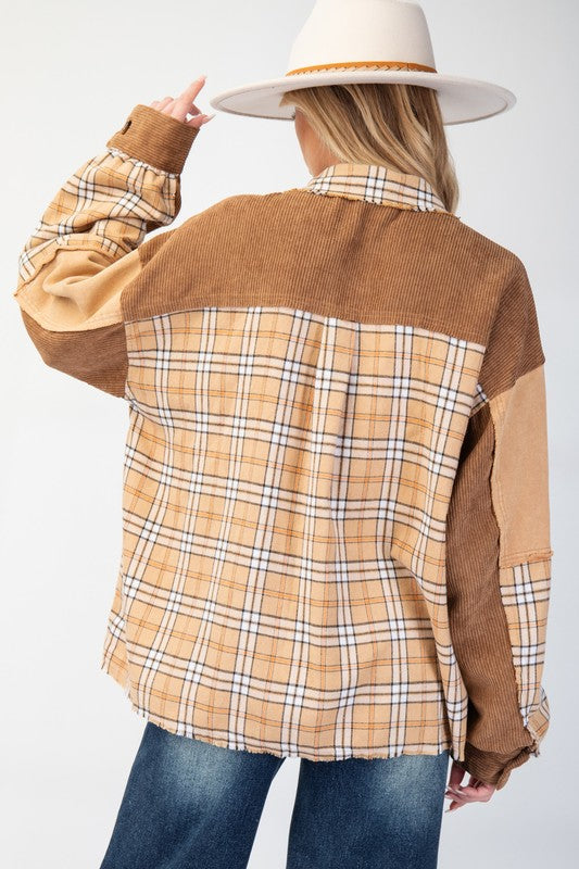 PLAID MIX CORDUROY BUTTON DOWN SHACKET