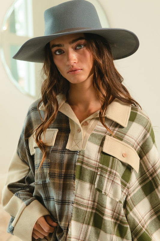 Plaid Color Block Buttoned Collared Top !