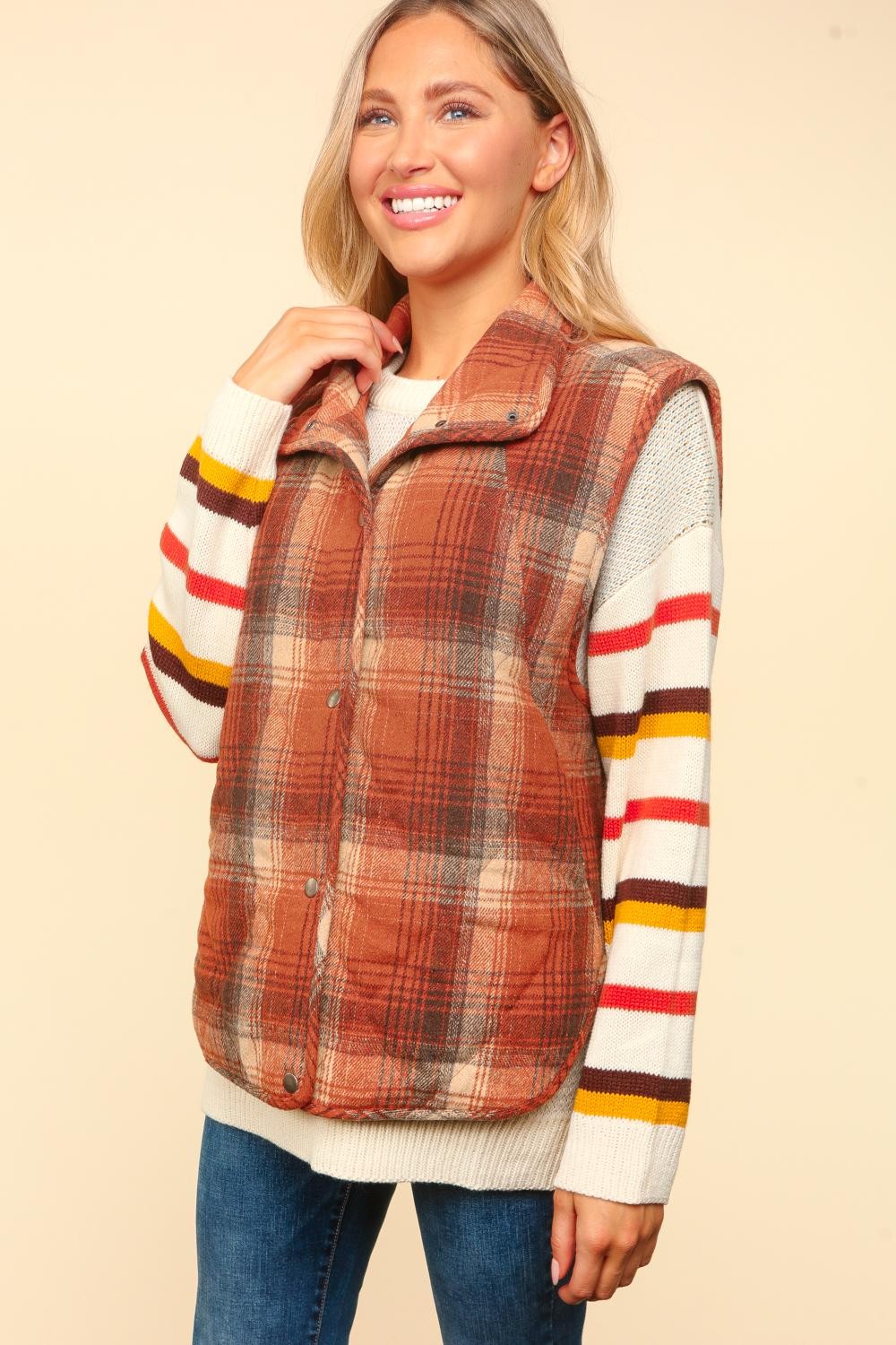 High Neck Snap Button Plaid Puffer Vest