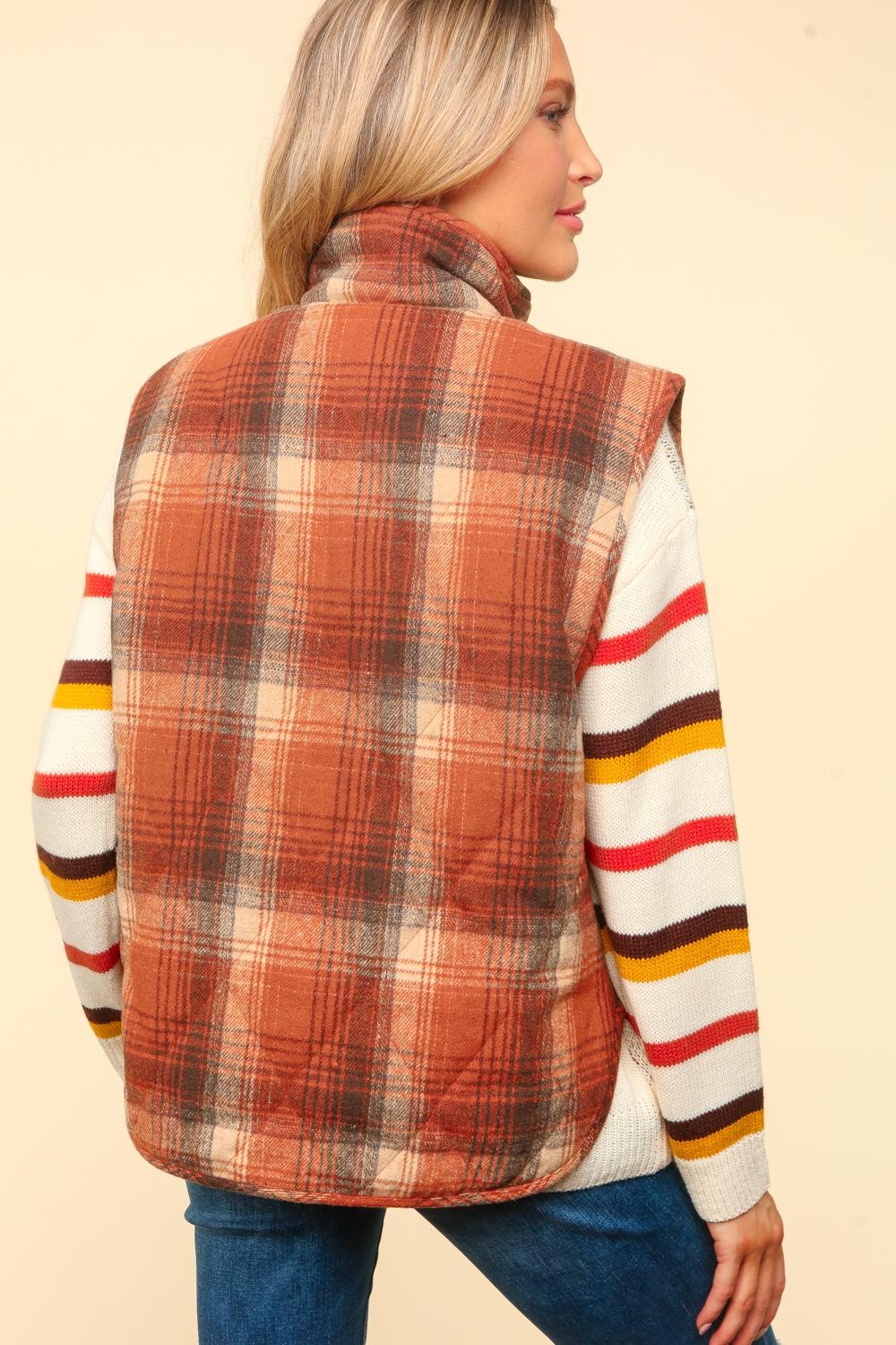 High Neck Snap Button Plaid Puffer Vest