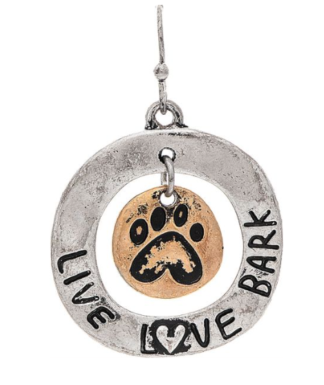 Two Tone Live, Love, Bark Dog Charm Earring