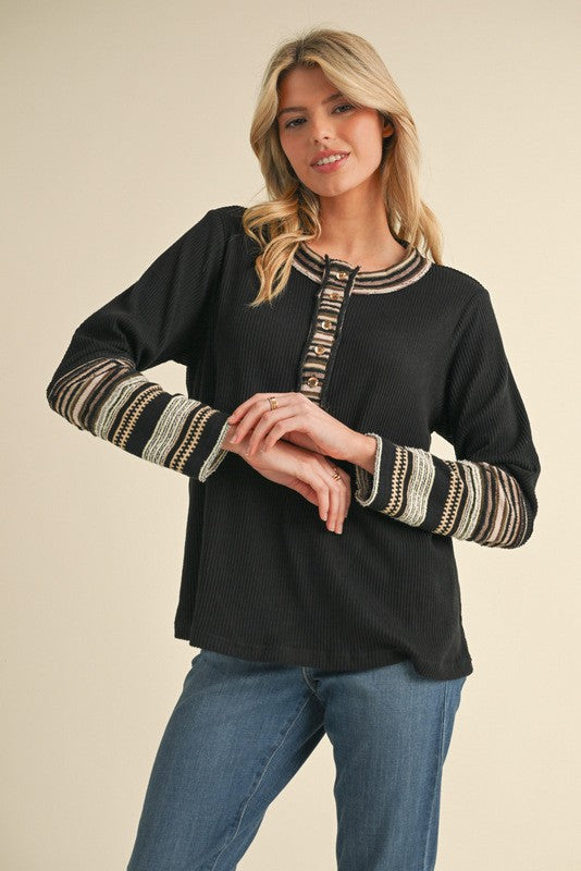 Olivia Ribbed Knit Henley Neck Top