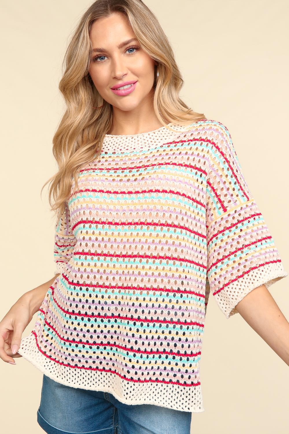 Round Neck Elbow Sleeve Multi Color Stripe Netted Crochet Sweater-Knit Top