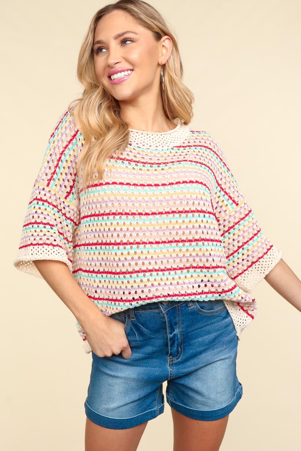 Round Neck Elbow Sleeve Multi Color Stripe Netted Crochet Sweater-Knit Top