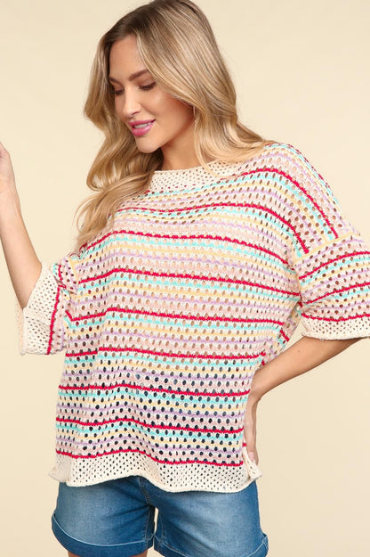 Round Neck Elbow Sleeve Multi Color Stripe Netted Crochet Sweater-Knit Top